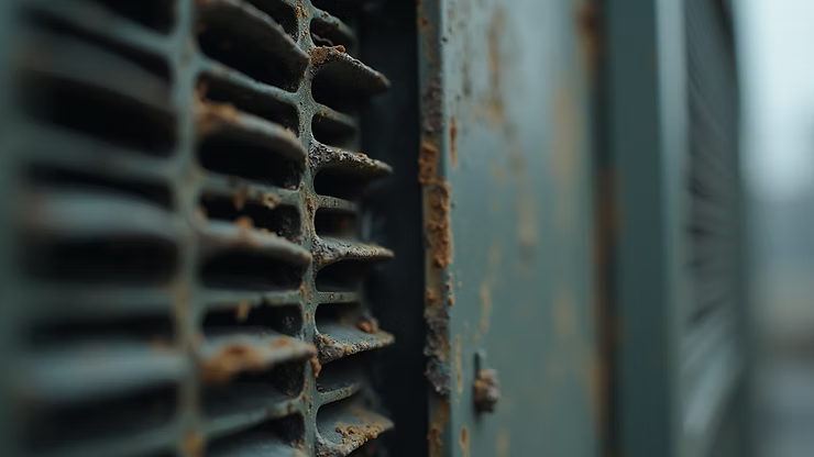 Close-up view of an HVAC unit showing signs of wear and tear