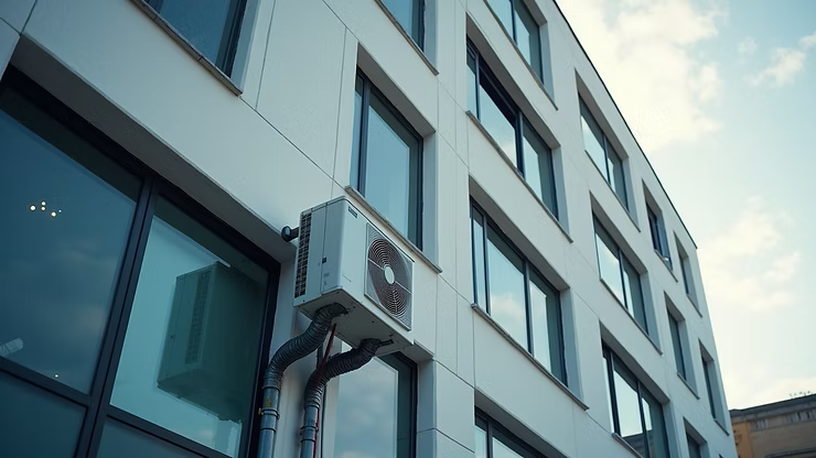 High angle view of a modern commercial building with a VRF system installed