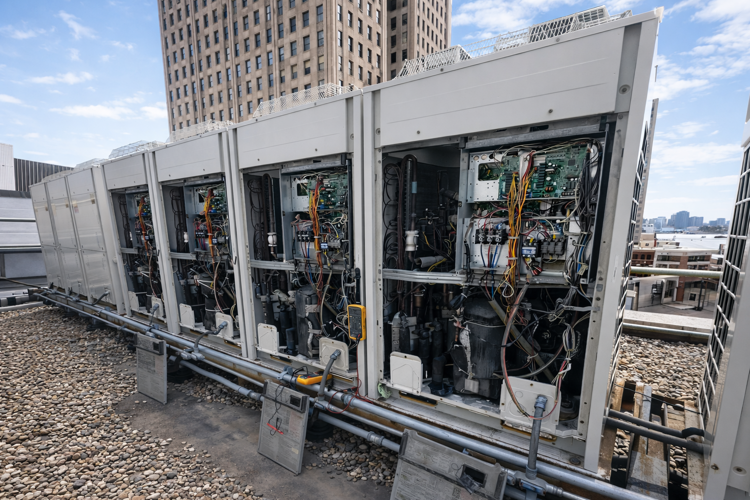 MMS VRF system installation on a rooftop in Detroit with city skyline in the background