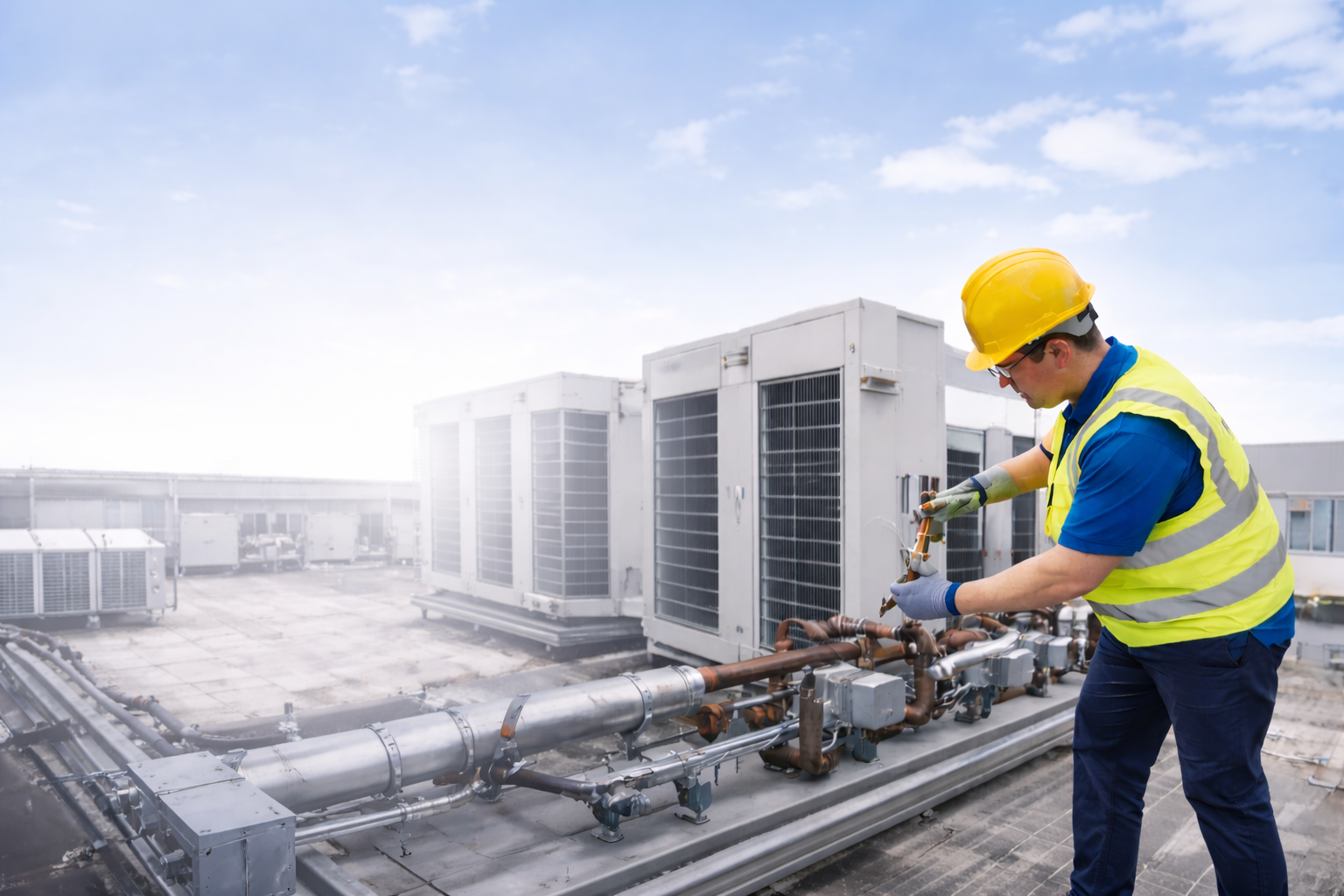 MMS technician servicing rooftop HVAC equipment