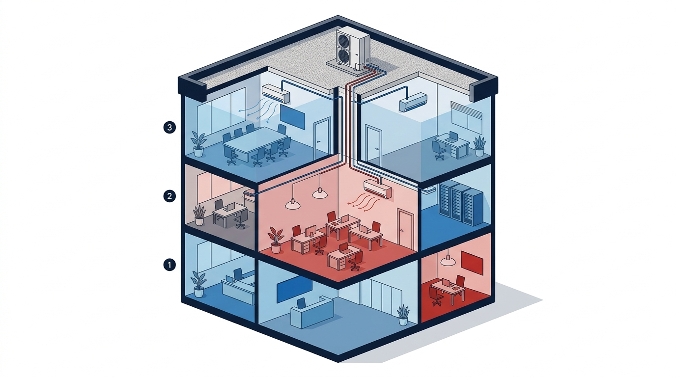 Illustration of a commercial building with a VRF system showing one outdoor unit serving multiple indoor zones